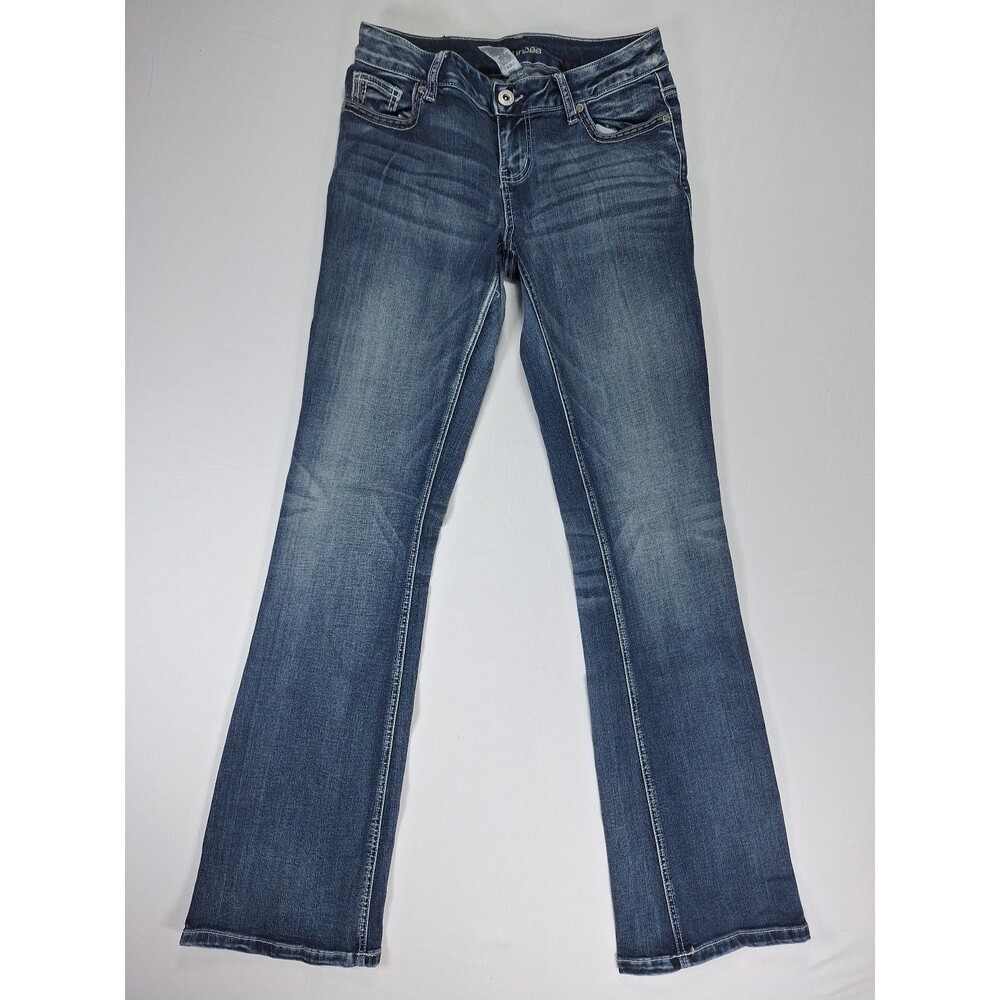 Maurices Women's 3/4 Reg Denim Blue Jeans Bootcut, Stretch, Embroidered